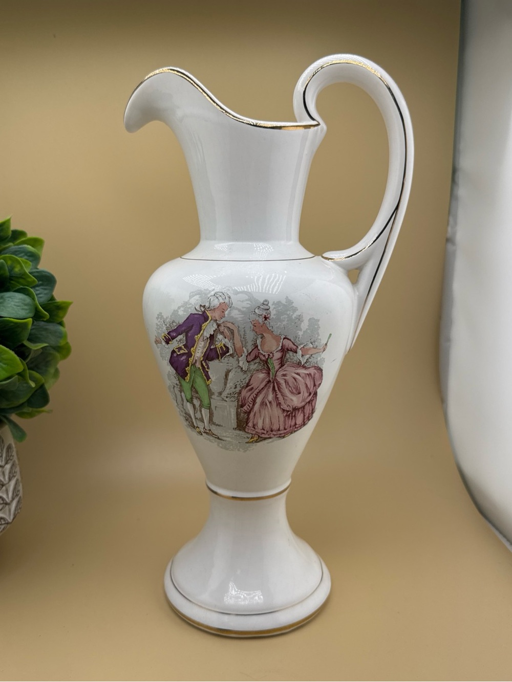 Vintage S.A. Leart Portugal Porcelain Ewer Pitcher Gold Trim Courting Couple